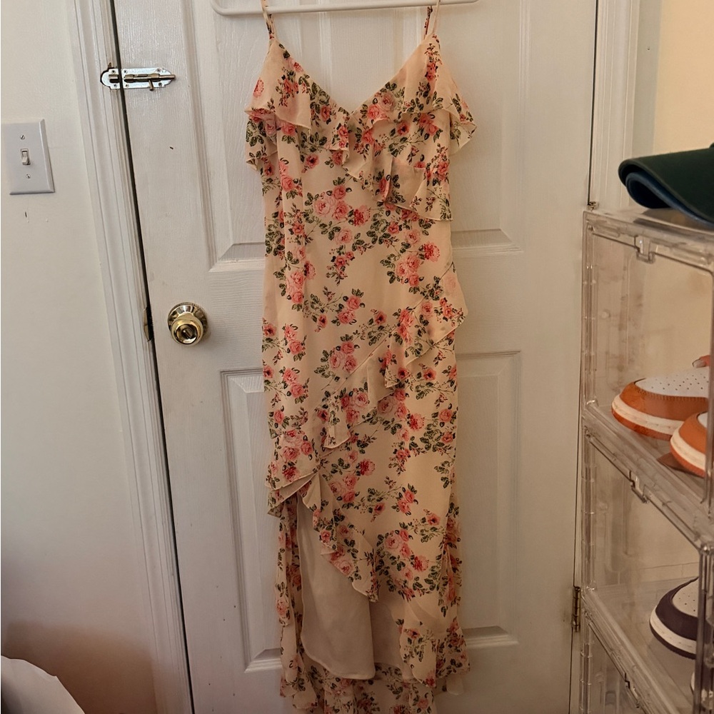 Princess Polly  Floral Ruffle Slip Dress - Cream with Pink Rose Print